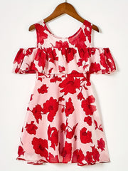 Toddler Girls Ruffle Trim Cold Shoulder Flowers Graphic Princess Dress