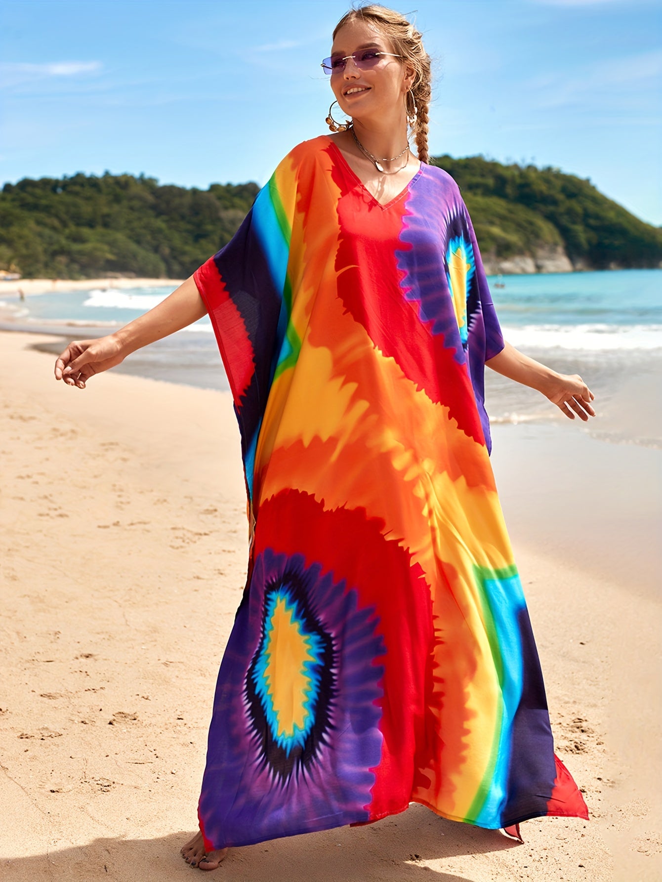 Colorblock Bat Sleeve V Neck Maxi Dress