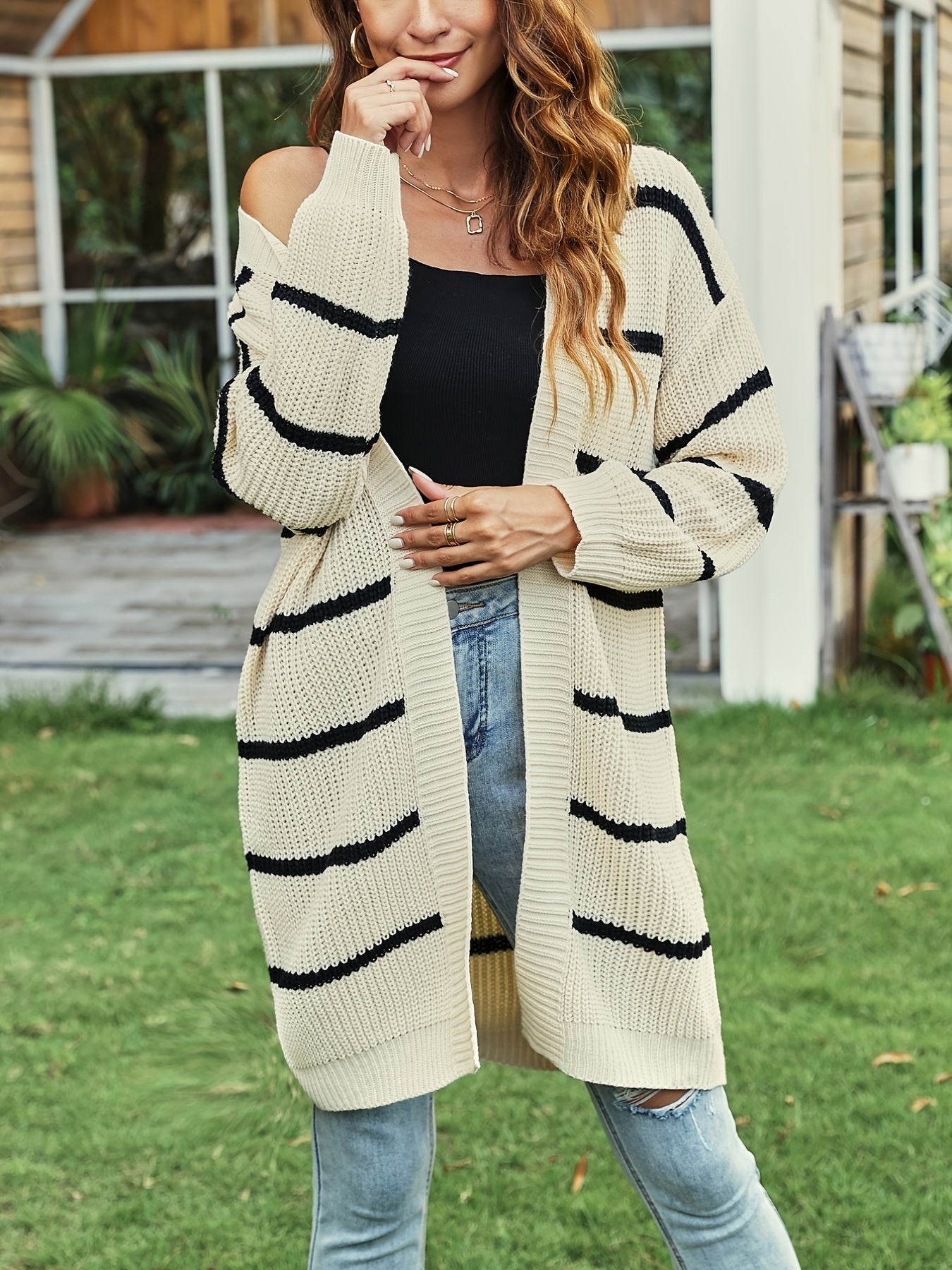 Striped Open Front Drop Shoulder Knit Cardigan for Women