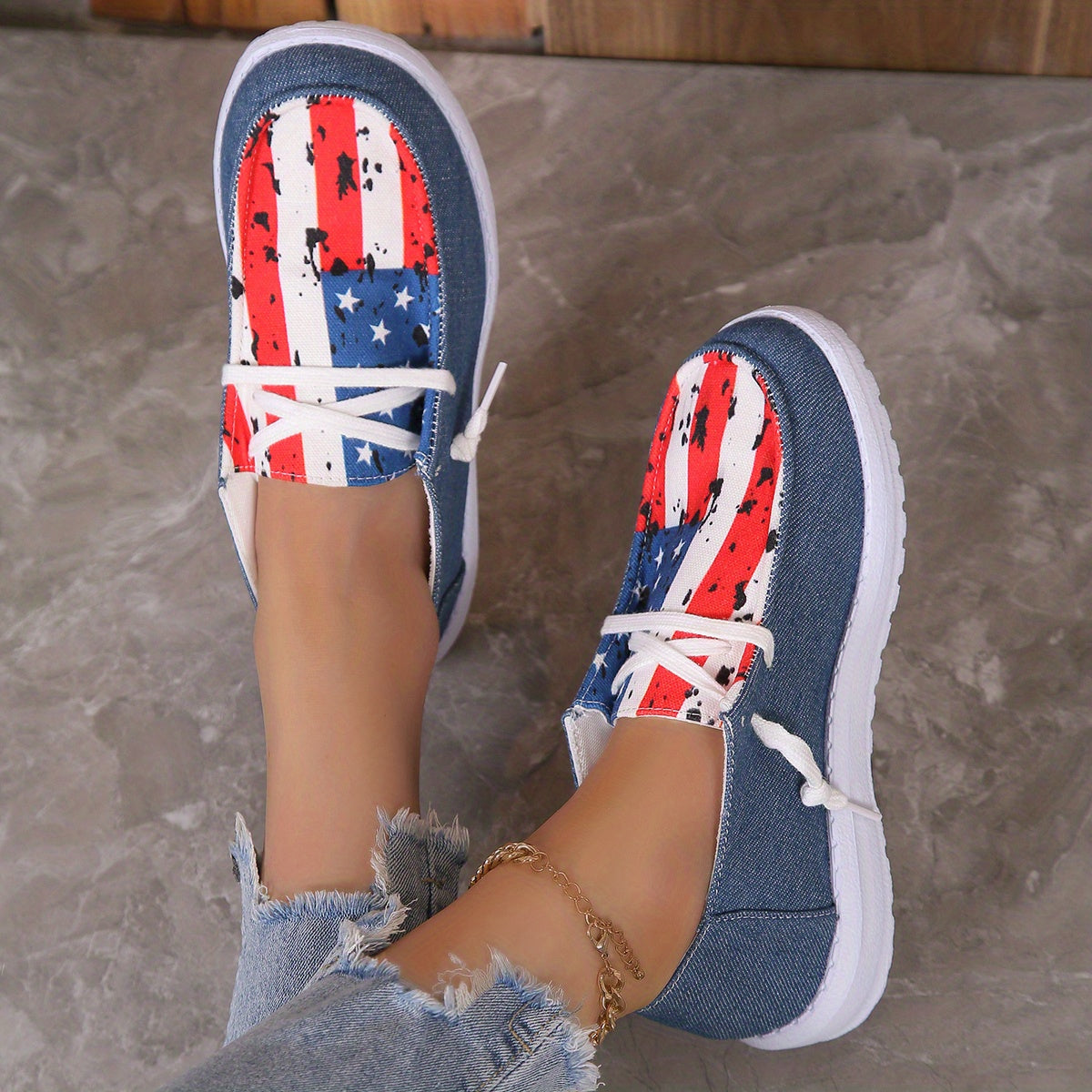 Women's American Flag Boat Shoes Lace Up Flats Low Top Patriotic Sneakers