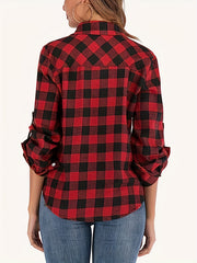 Gingham Print Button Up Long Sleeve Blouse