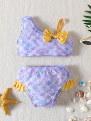 Girls Flamingo Print Bikini Swimsuit Set Ruffle Bow Decor Beach Vacation