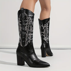 Women's Embroidered Cowboy Boots Block Heel V Cut Knee High Western Boots