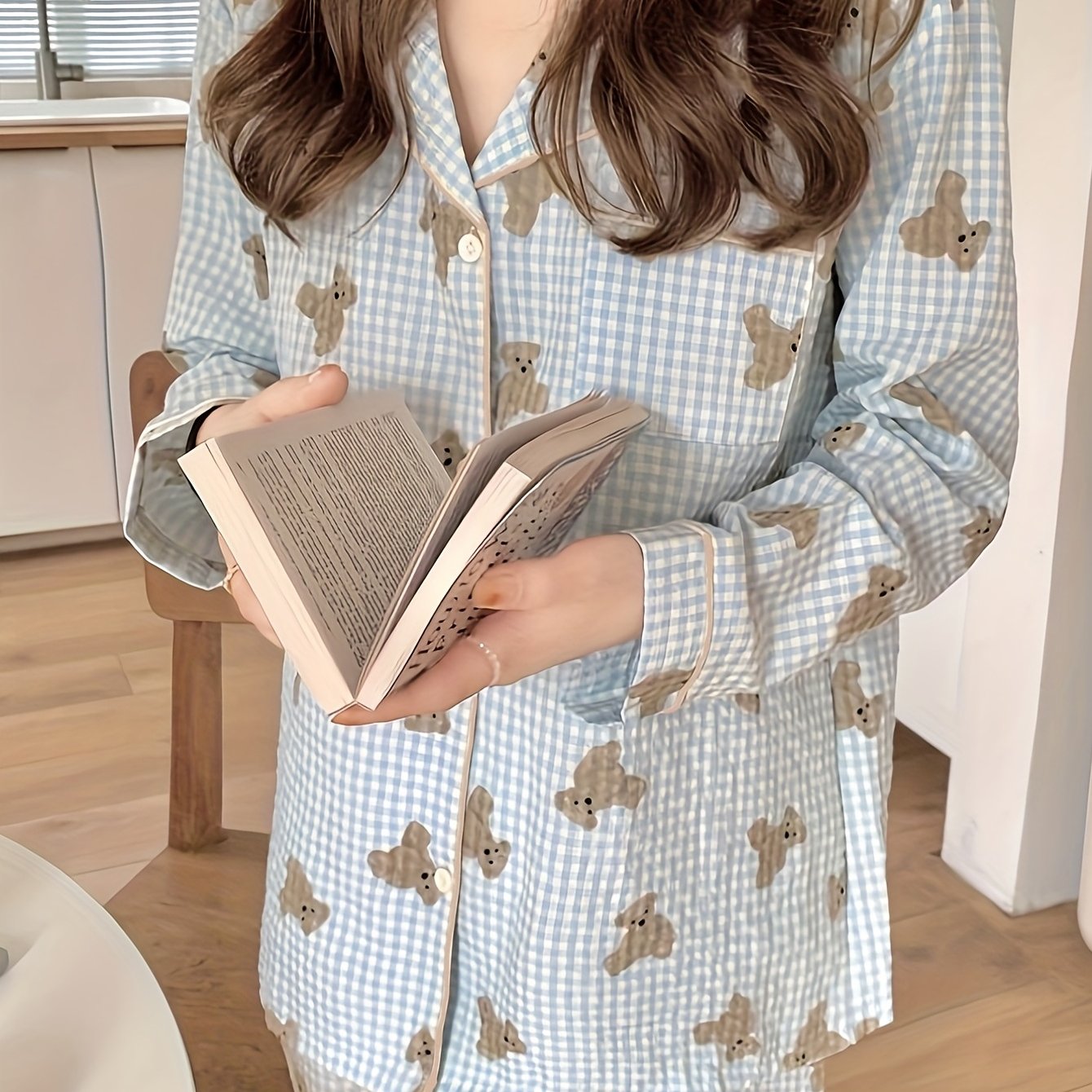 Bear Print Lounge Set Long Sleeve Top & Plaid Pants Women's Loungewear
