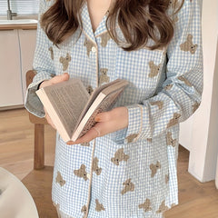 Bear Print Lounge Set Long Sleeve Top & Plaid Pants Women's Loungewear