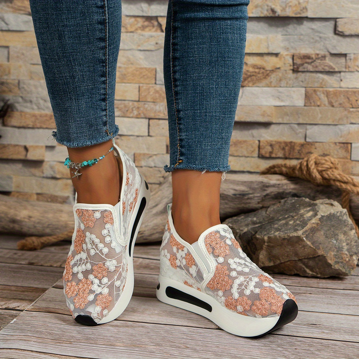 Floral Lace Platform Slip-On Shoes for Women