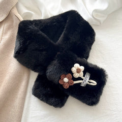 Flower Pendant Faux Rabbit Fur Plush Winter Scarf