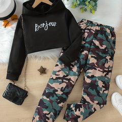 Girls 'Bonjour' Print Hooded Sweatshirt & Camo Cargo Pants Set