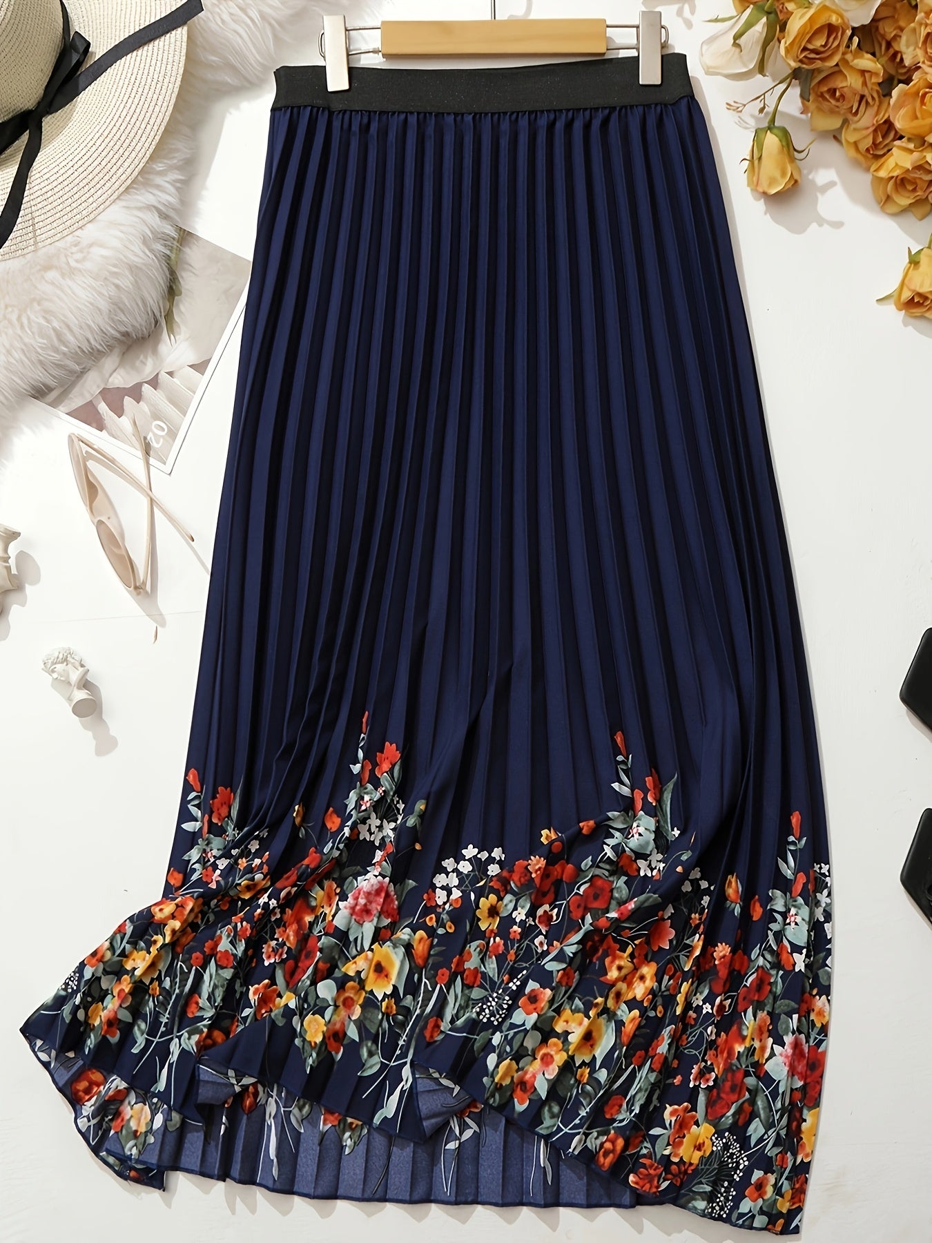 Women's Plus Floral Print Pleated Skirt