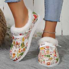 Christmas Print Plush Lined Furry Flat Lightweight Comfortable Skate Shoes