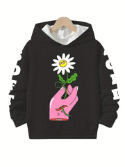 Flower & Hand Graphic Hoodie Girls Comfy Hooded Pullover