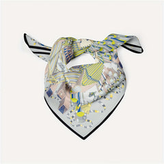 Boho Geometric Print Bandana Vintage Gray Silk Head Wrap Neckerchief