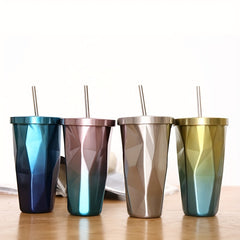 500ml Gradient Straw Water Cup Stainless Steel Bottle Outdoor Sports Fitness