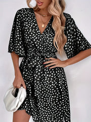 Floral Print Tie Front Dress V Neck Short Sleeve Dress Casual