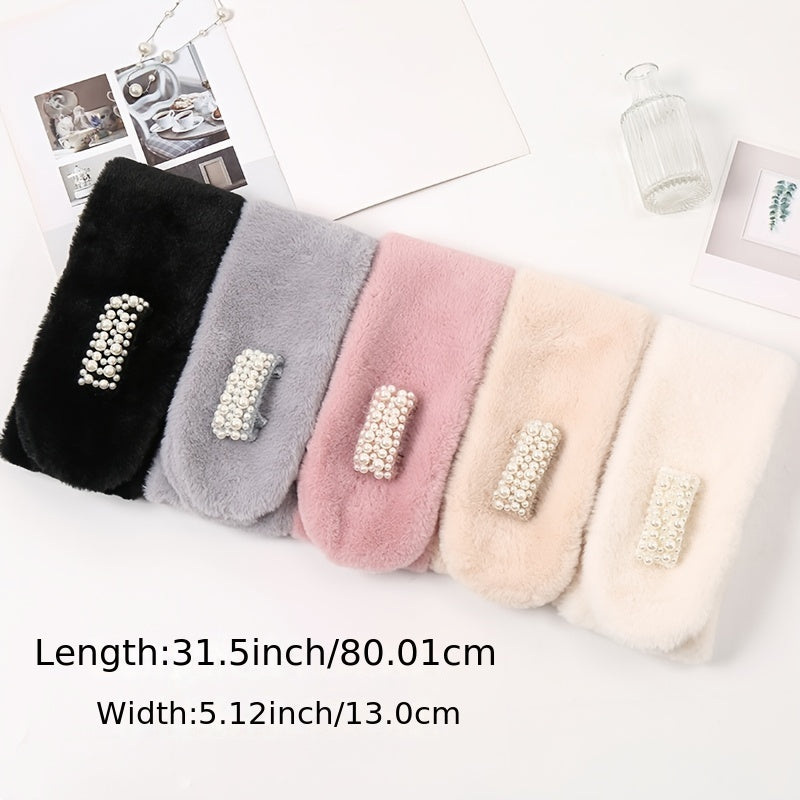 Winter Rabbit Fur Neck Scarf Faux Pearl Buckle Scarf