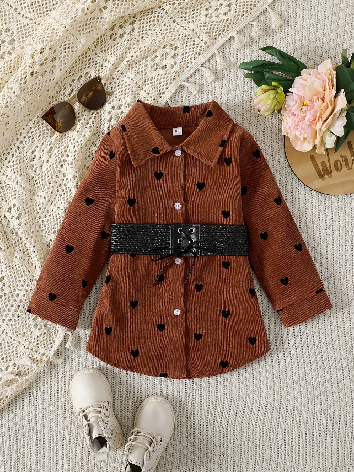 Girls' Lace Up Waist Button Down Corduroy Jacket Coat With Hearts Printed