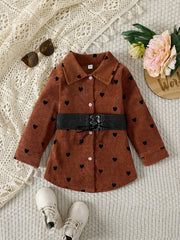 Girls' Lace Up Waist Button Down Corduroy Jacket Coat With Hearts Printed