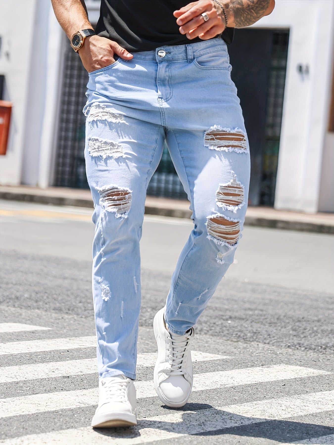 Men's Slim Fit Ripped Jeans Distressed Denim Pants