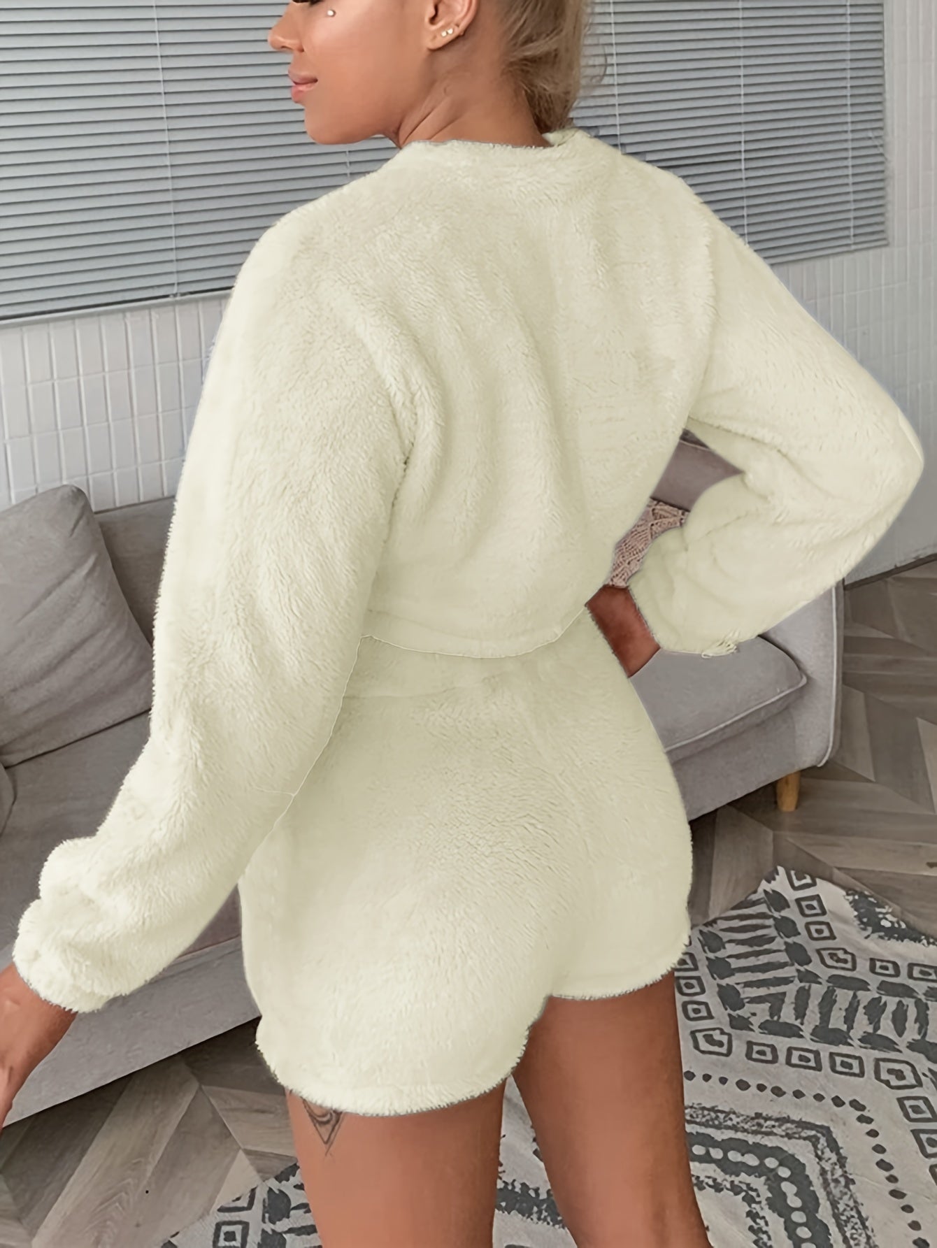 Cozy Fuzzy Pajama Set Crew Neck Top & Shorts