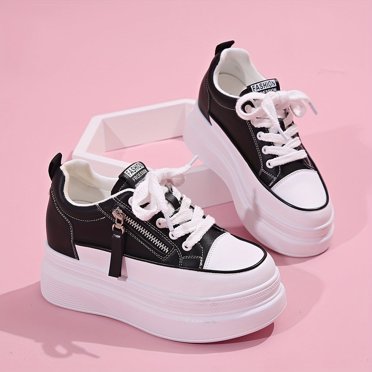 Women's Side Zipper Chunky Sneakers Lace Up Thick Sole Walking Shoes