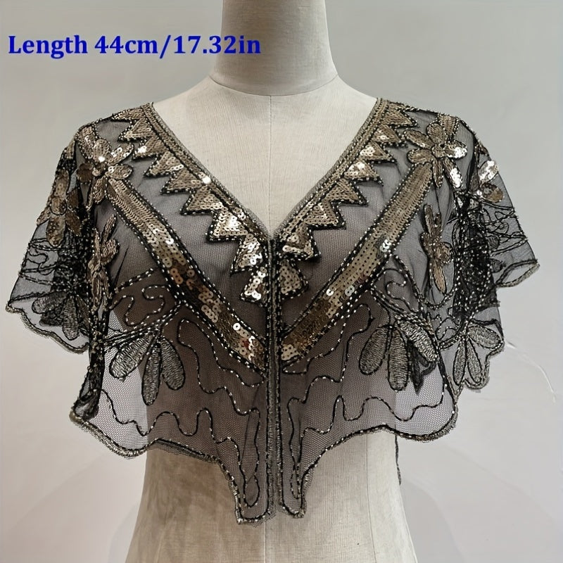 Vintage Embroidery Shawl Sequin Beads Lace Cape Women Glitter Scarf