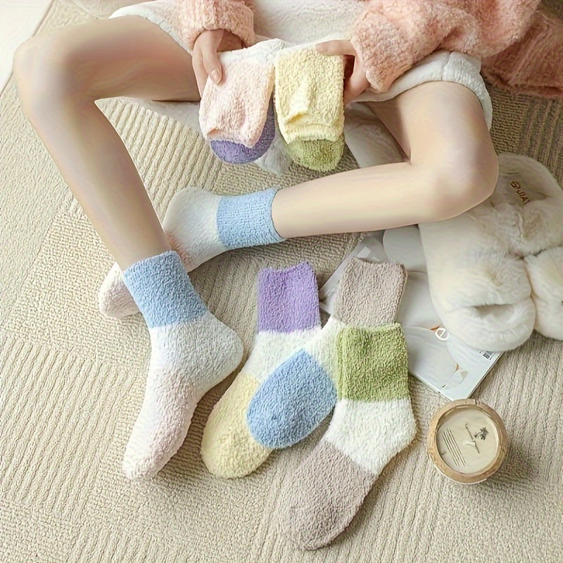 6 Pairs Colorblock Fuzzy Socks - Comfy & Warm Mid Tube Socks