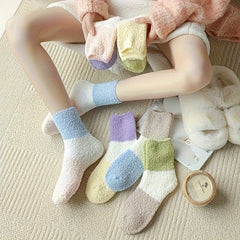 6 Pairs Colorblock Fuzzy Socks - Comfy & Warm Mid Tube Socks