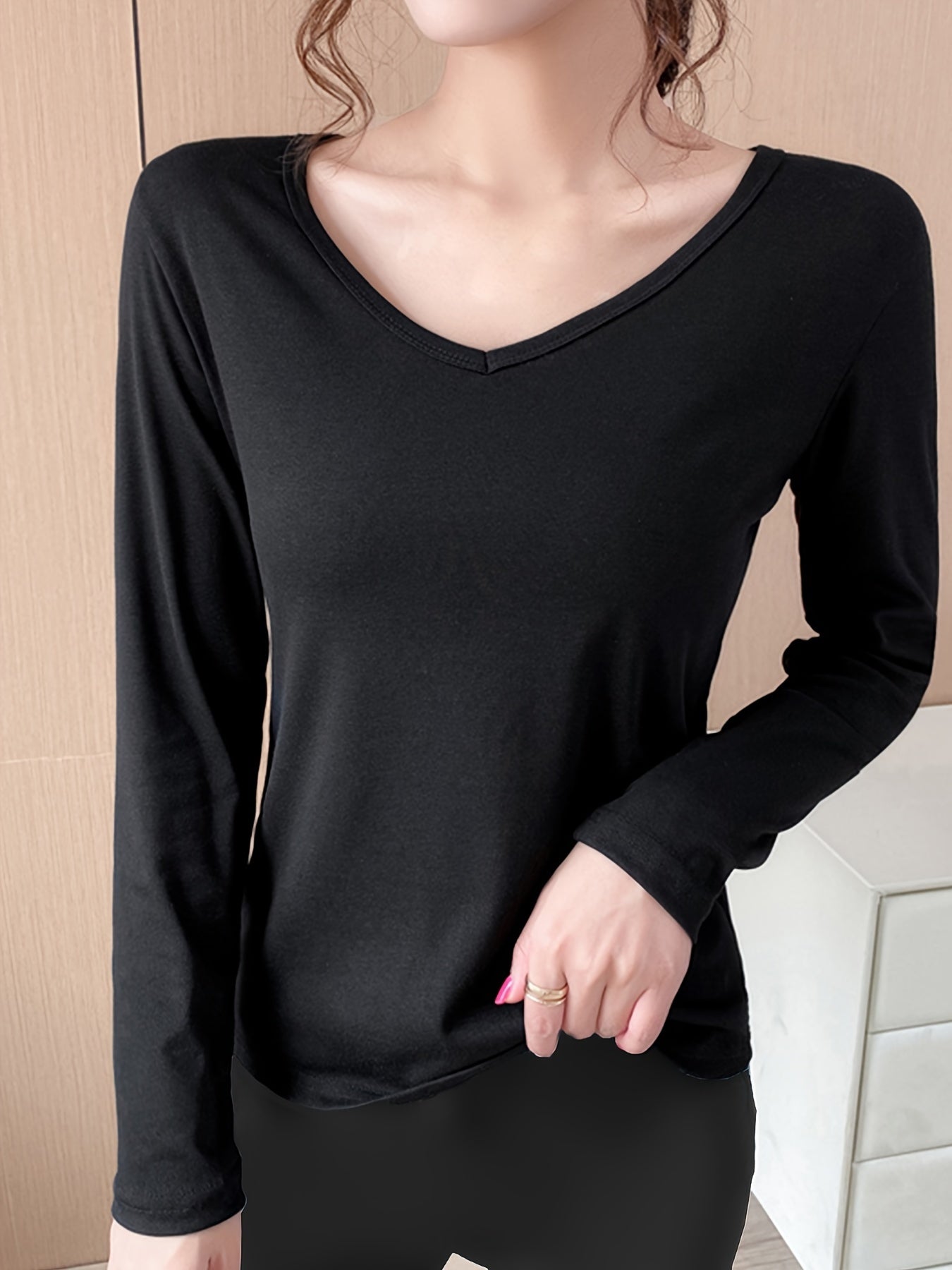 Solid V Neck Long Sleeve Top Women's Loungewear