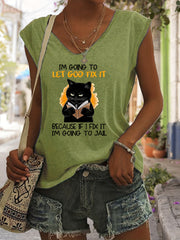 Cartoon Cat Tank Top Sleeveless V Neck Casual Top for Women