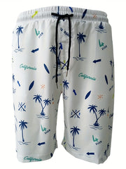 Coconut Pattern Quick Drying Beach Shorts Men's Casual Stretch Waist Drawstring