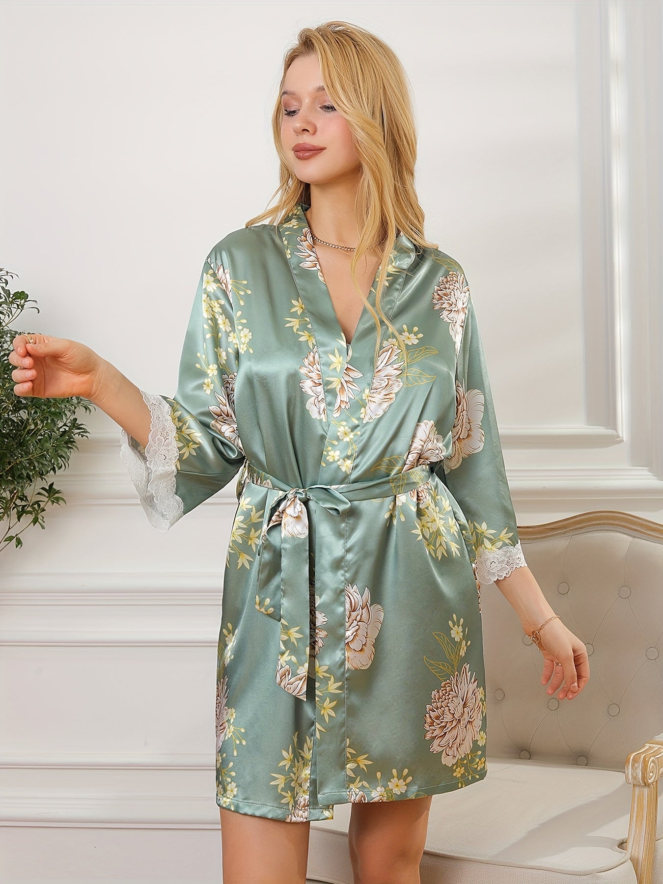 Floral Print Pajama Set Lace Trim Lace Up Robe