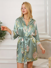 Floral Print Pajama Set Lace Trim Lace Up Robe