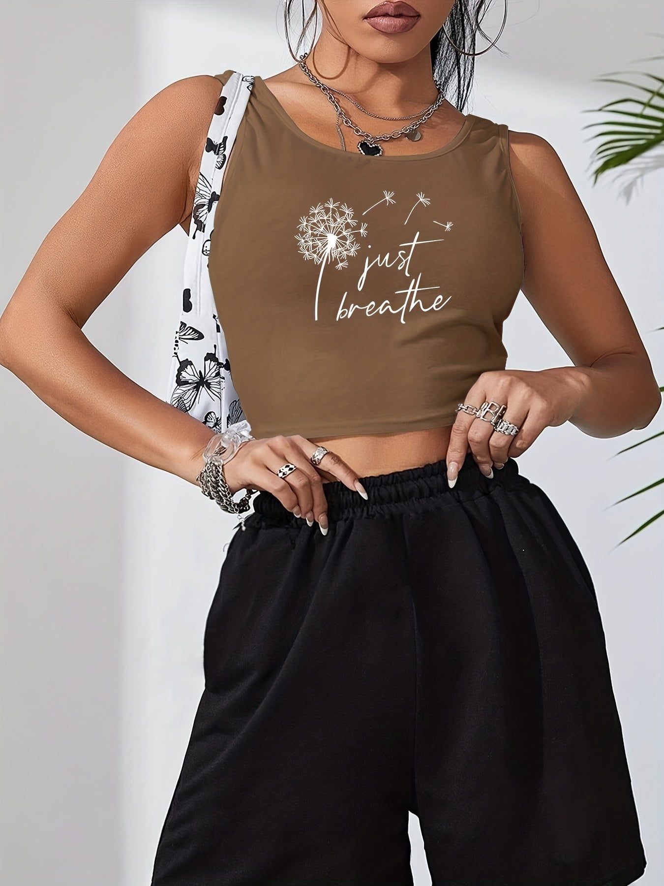 Dandelion & Letter Print Crop Tank Top Sleeveless Summer Women's Clothing