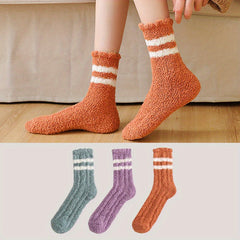 3 Pairs Striped Fuzzy Socks Comfy & Warm Floor Socks Women's Stockings