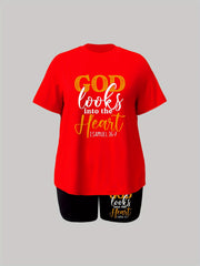 Slogan Print Tee & Shorts Outfits 2 Piece Set