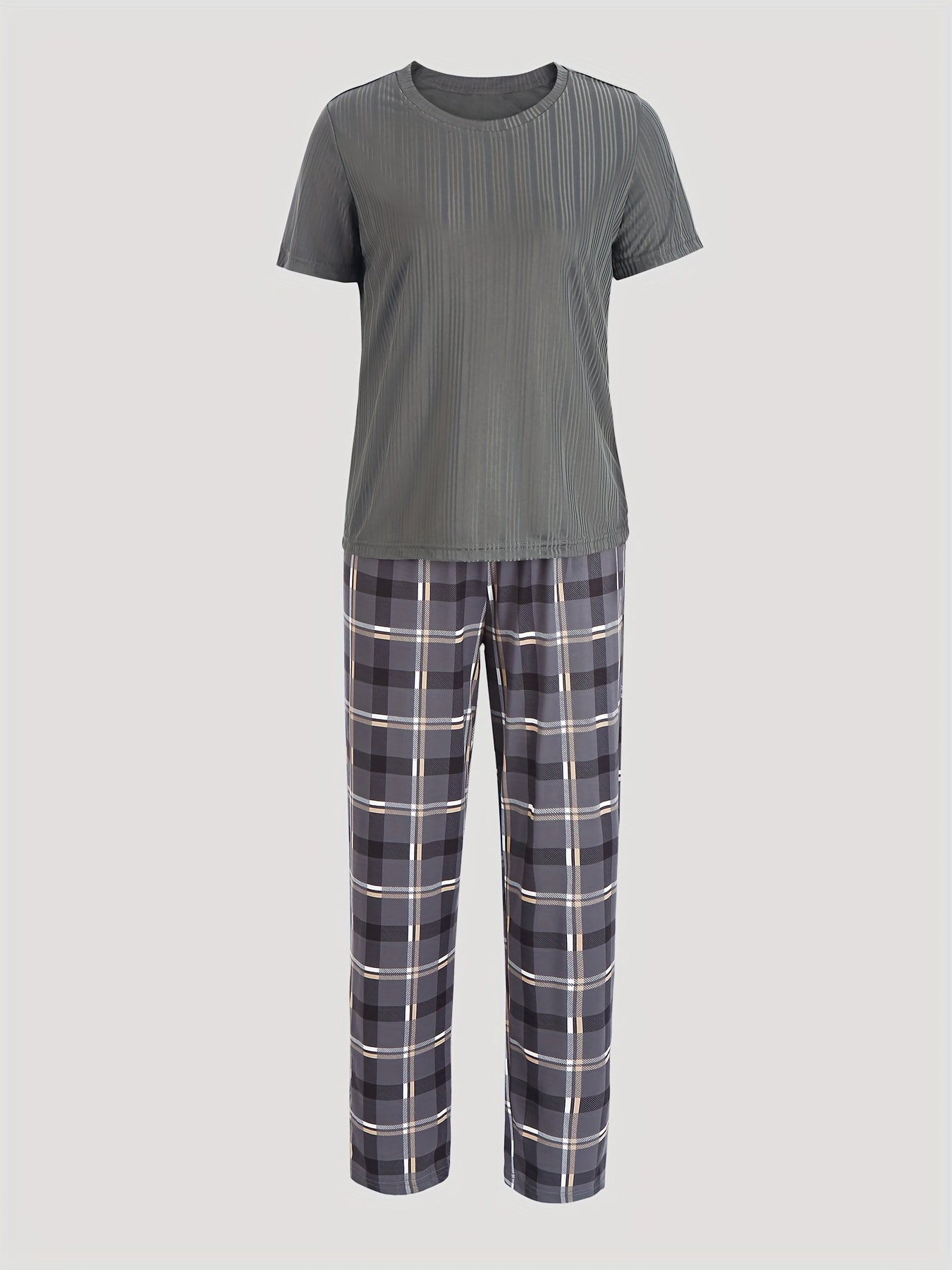Plaid Lounge Set Short Sleeve Top & Pants Women's Loungewear