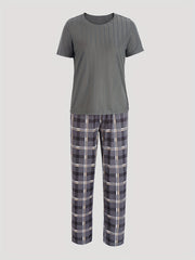 Plaid Lounge Set Short Sleeve Top & Pants Women's Loungewear