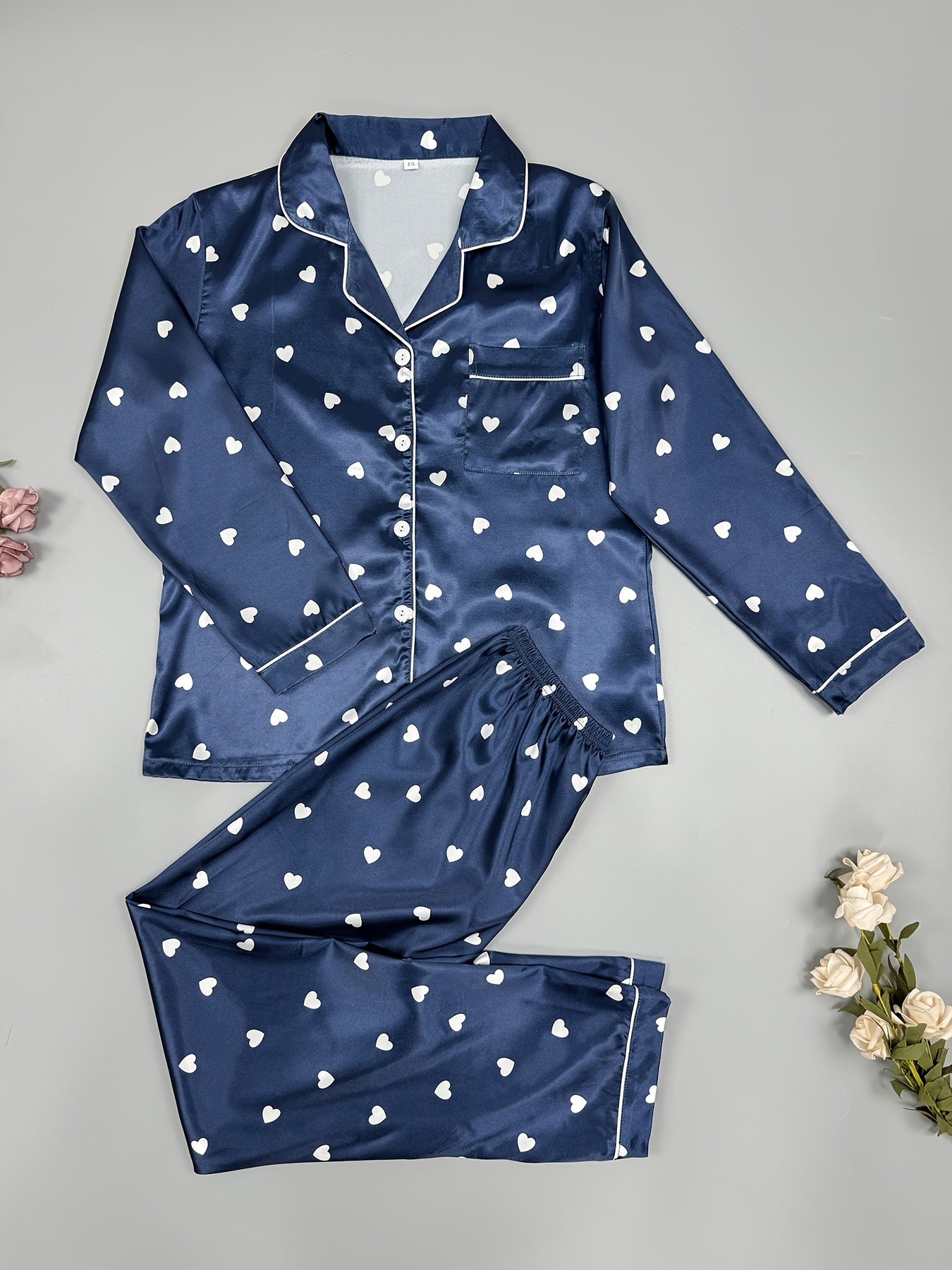Heart Print Pajama Set Long Sleeve Buttons Top & Elastic Waistband Pants