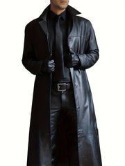 Men's Pu Overcoat Casual Lapel Stretch Button Up Faux Leather Long Coat