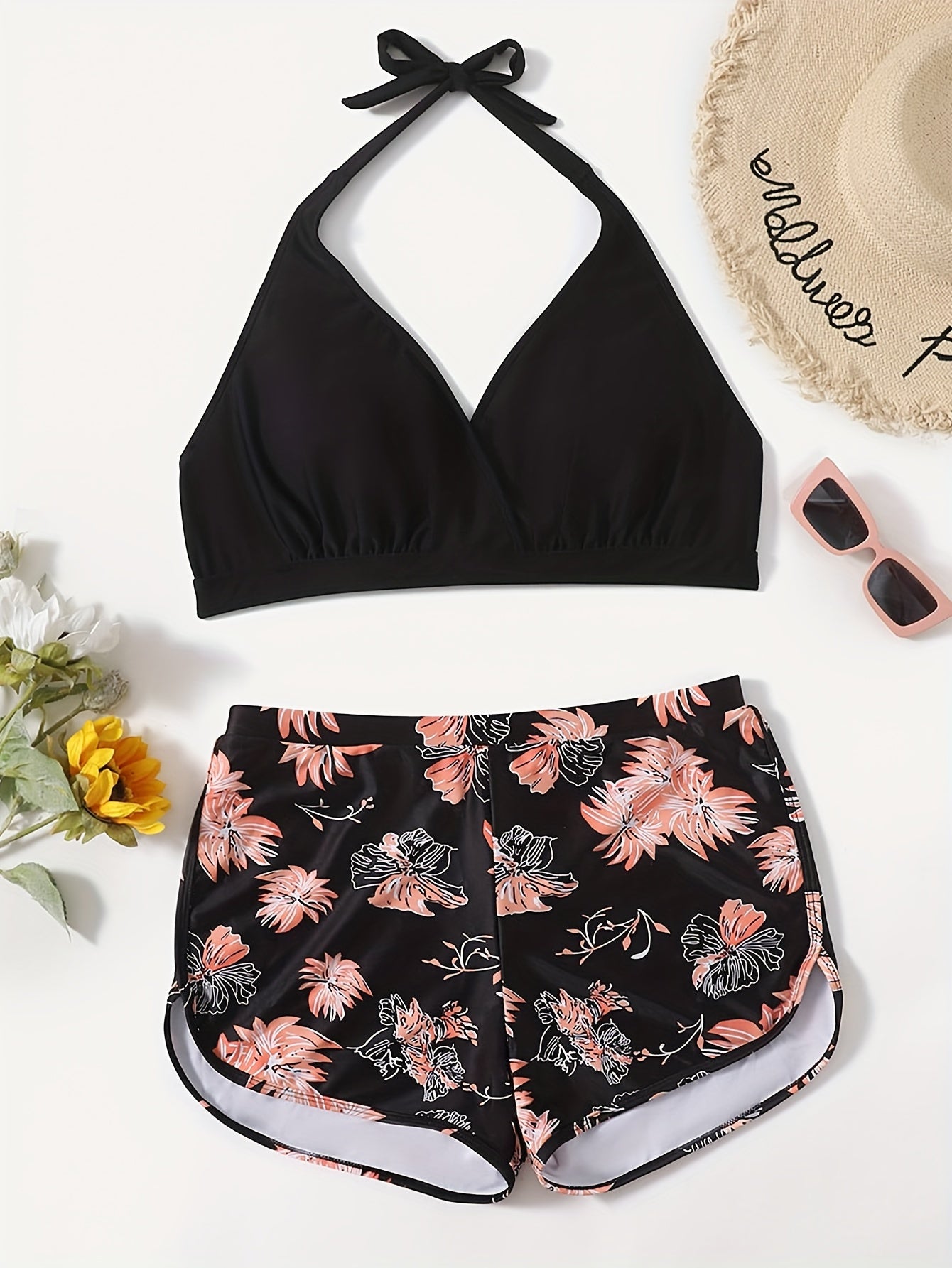Sporty Plus Size Bikini Set: Solid Halter Bra & Floral Print Shorts