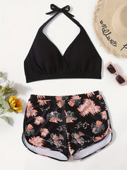 Sporty Plus Size Bikini Set: Solid Halter Bra & Floral Print Shorts