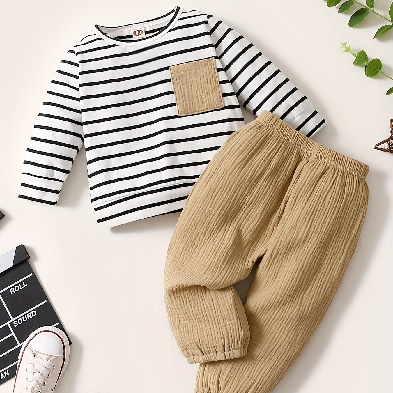 Striped Long Sleeve Top Solid Pants Set