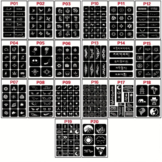 20 Sheets Tattoo Stencil Kit Reusable Airbrush Temporary Tattoos Stencils