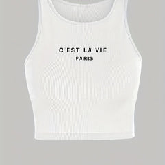 Letter Print Tank Top Crew Neck Summer Sleeveless Top