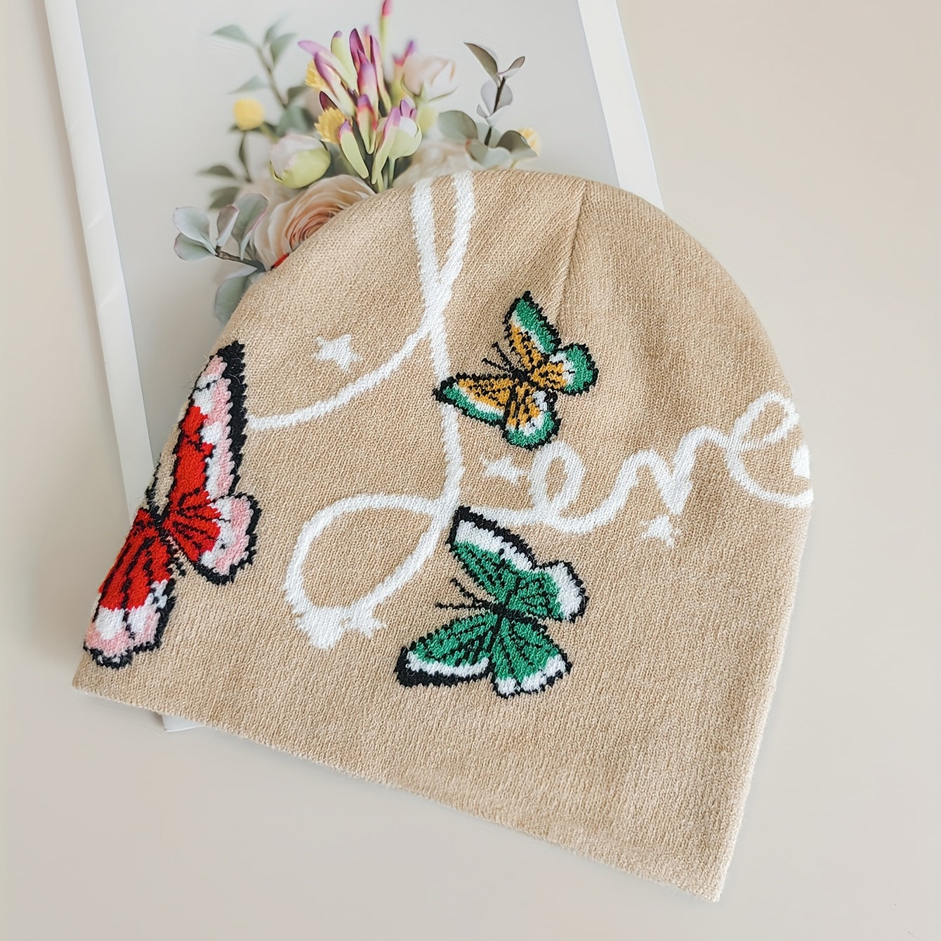Butterfly Jacquard Beanie Khaki Soft Elastic Knit Hats For Women