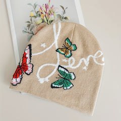 Butterfly Jacquard Beanie Khaki Soft Elastic Knit Hats For Women
