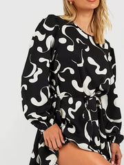 Graffiti Print Long Sleeve Mini Dress With Belt