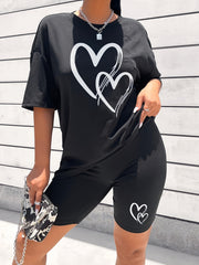 Hearts Print Casual Two piece Set Short Sleeve Drop Shoulder T shirt & Slim Shor