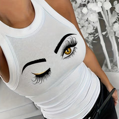Eye Print Ribbed Tank Top Sleeveless Summer Casual Top