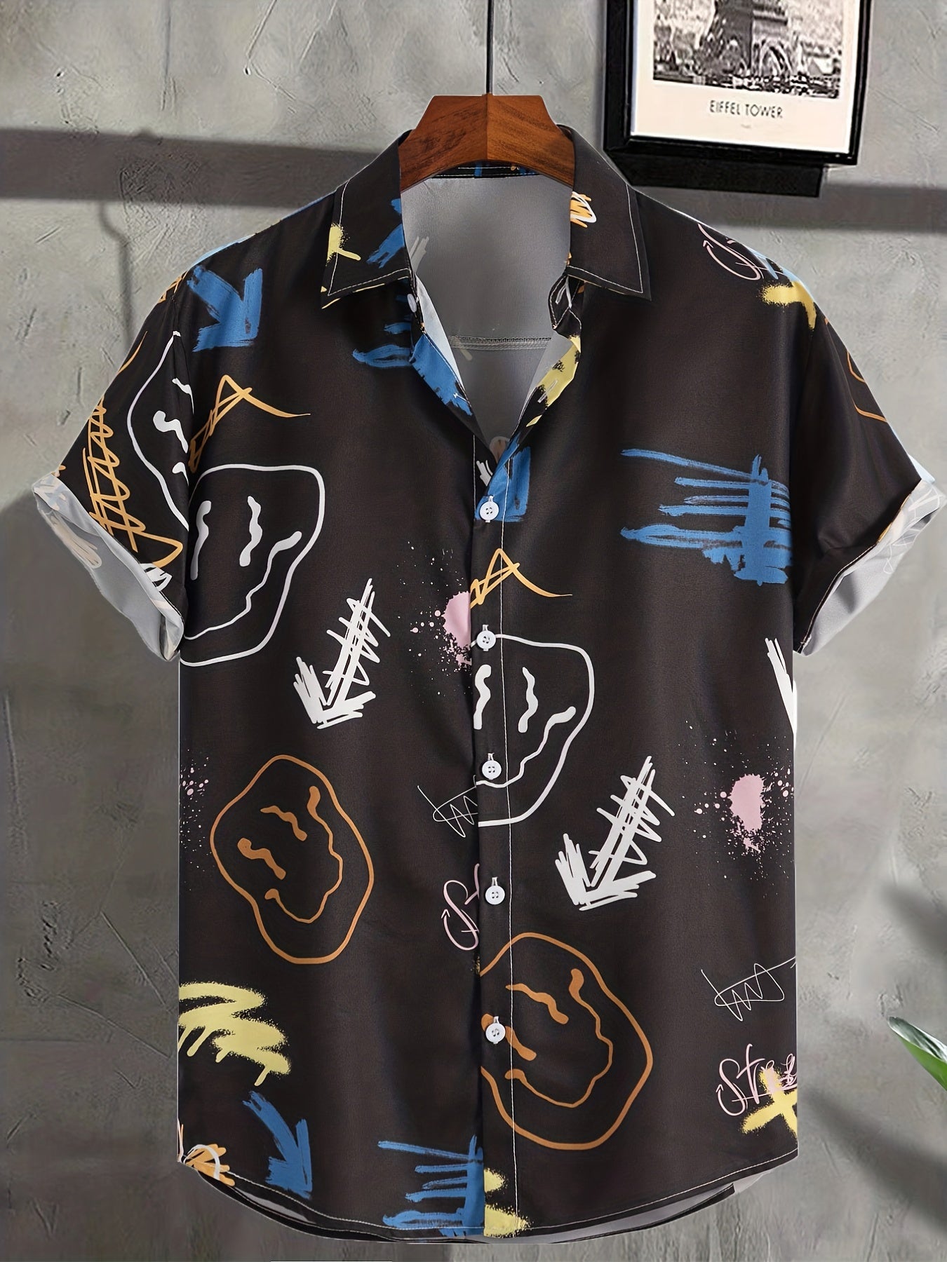 Smile Face Graphic Print Men's Casual Lapel T-shirt